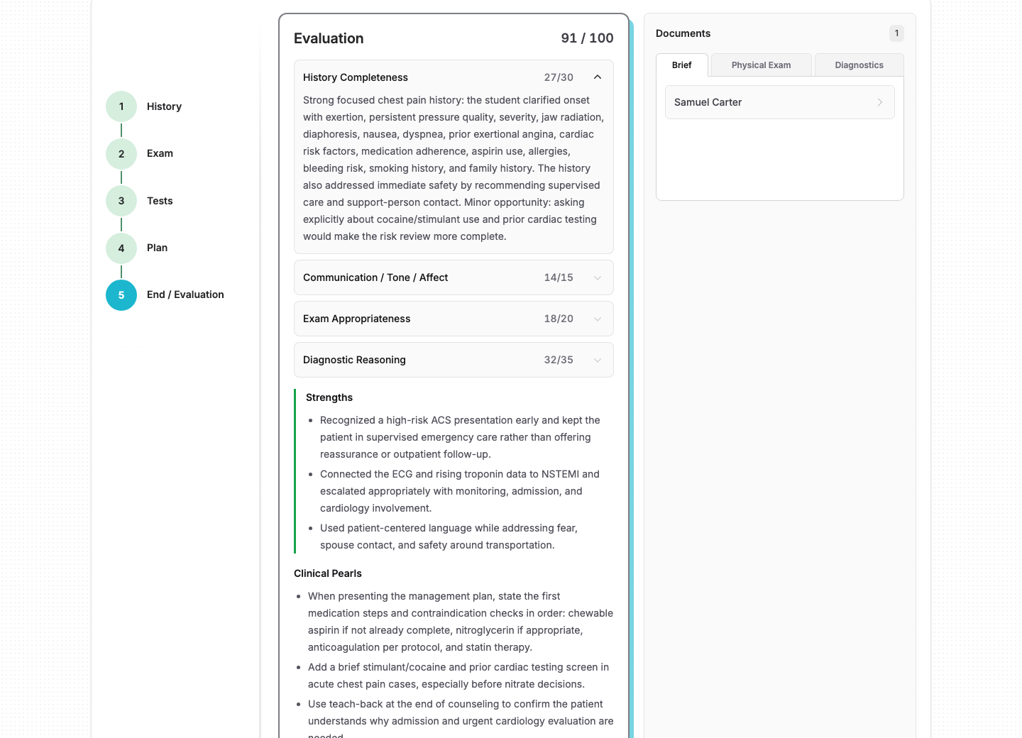 Real OSCE evaluation screen showing score, domain feedback, strengths, and practice assignment.